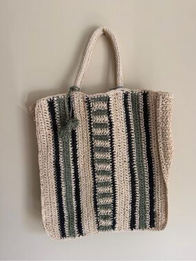 Anthropologie Crochet Stripe Tote in Cream, Black & Olive